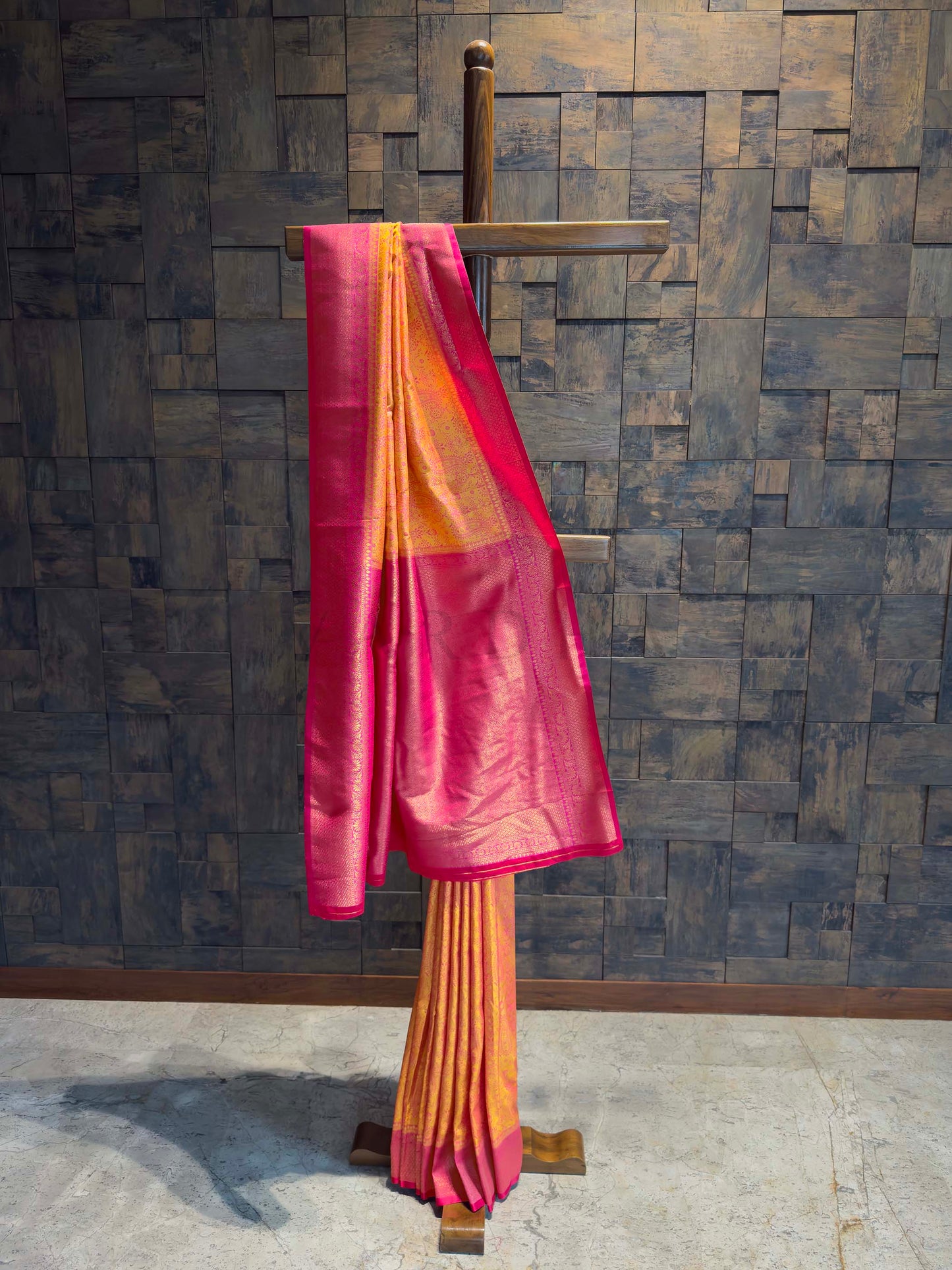 Mango Yellow-Pink Tanchoi Satin Silk Saree with Zari Work