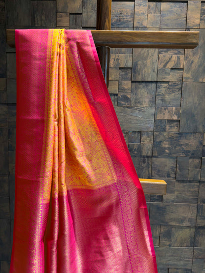 Mango Yellow-Pink Tanchoi Satin Silk Saree with Zari Work