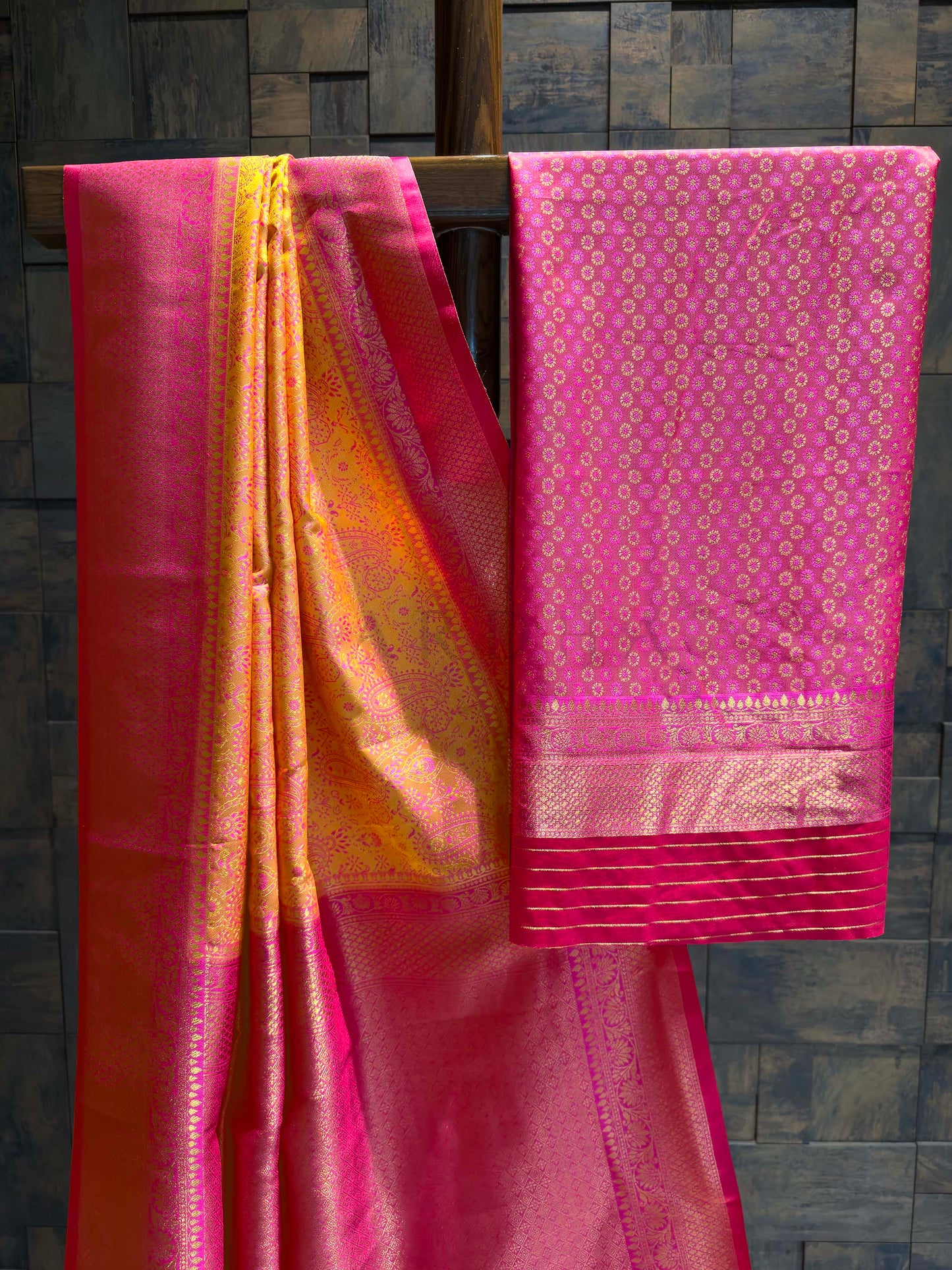 Mango Yellow-Pink Tanchoi Satin Silk Saree with Zari Work