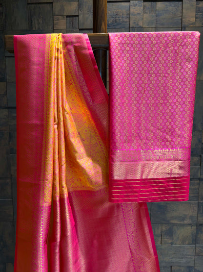 Mango Yellow-Pink Tanchoi Satin Silk Saree with Zari Work
