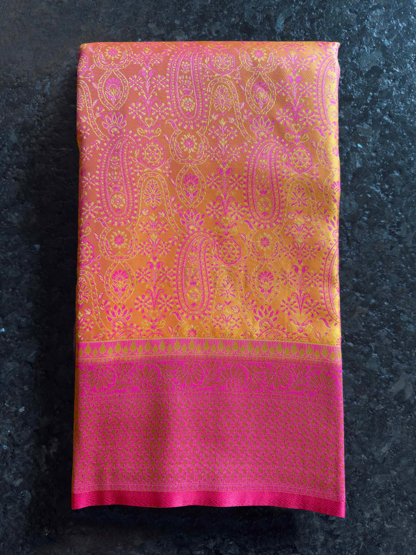 Mango Yellow-Pink Tanchoi Satin Silk Saree with Zari Work