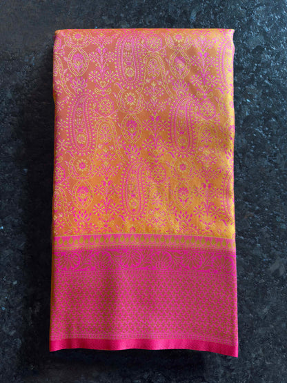 Mango Yellow-Pink Tanchoi Satin Silk Saree with Zari Work