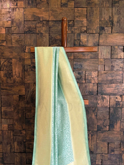 Mist Green Viscose Kanjivaram Tissue Silk Saree with Gold Zari Border