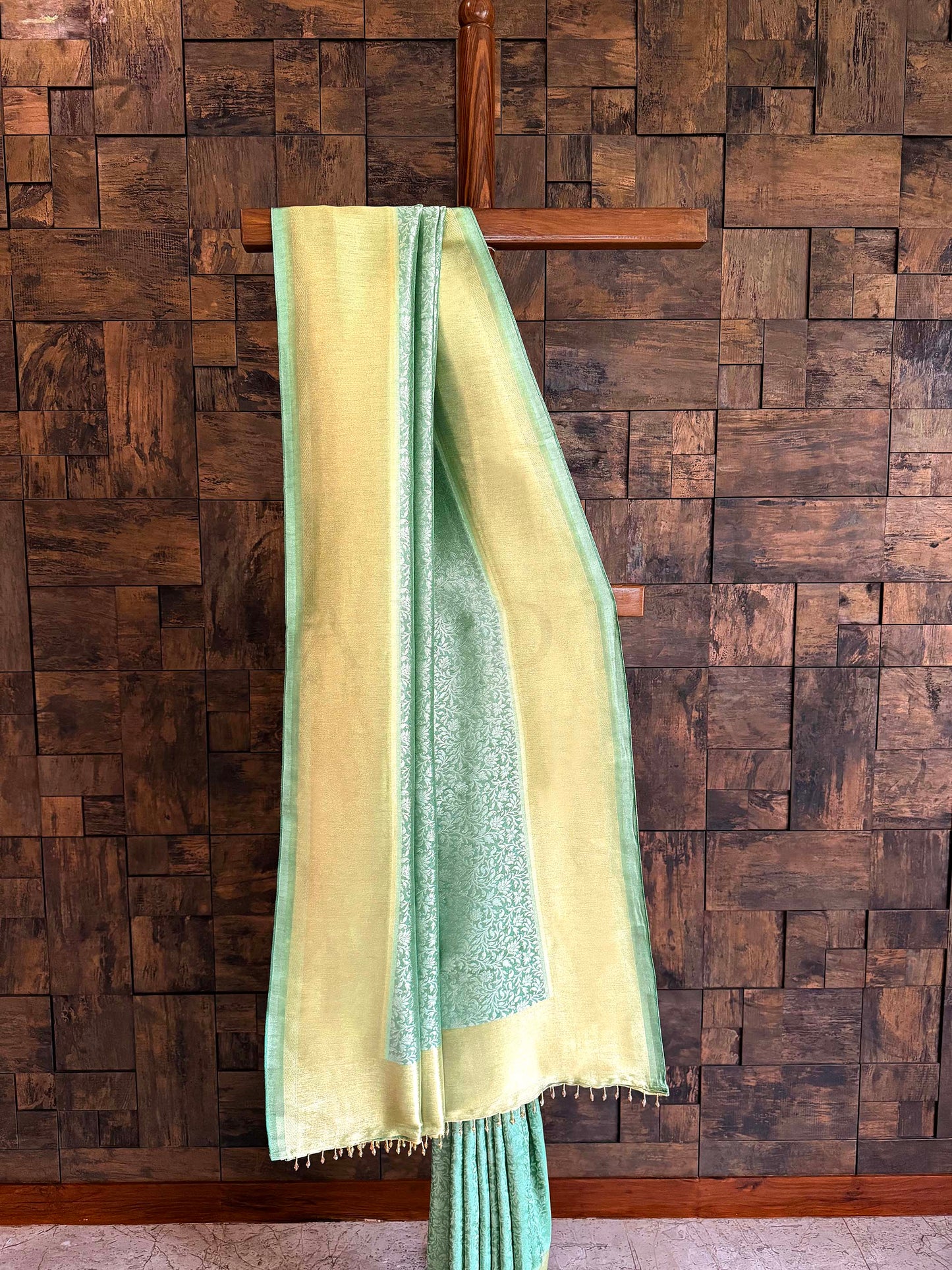 Mist Green Viscose Kanjivaram Tissue Silk Saree with Gold Zari Border