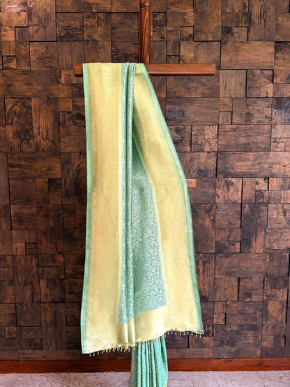 Mist Green Viscose Kanjivaram Tissue Silk Saree with Gold Zari Border