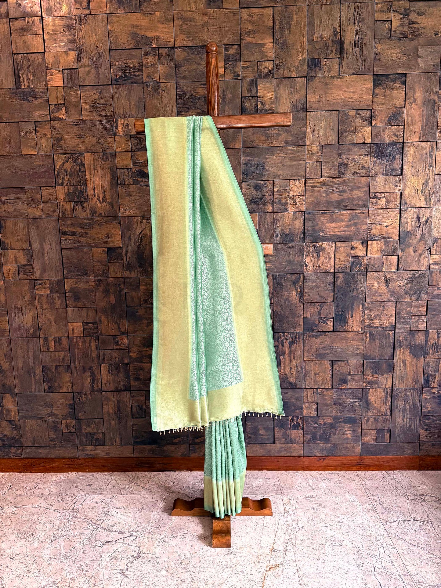 Mist Green Viscose Kanjivaram Tissue Silk Saree with Gold Zari Border