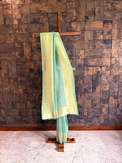 Mist Green Viscose Kanjivaram Tissue Silk Saree with Gold Zari Border