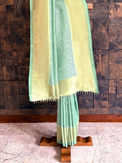 Mist Green Viscose Kanjivaram Tissue Silk Saree with Gold Zari Border