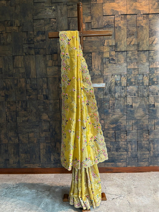 Mustard Kanjivaram Tissue Silk Saree with Intricate Hand Work