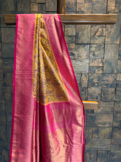 Mustard Yellow-Pink Tanchoi Satin Silk Saree with Zari Border
