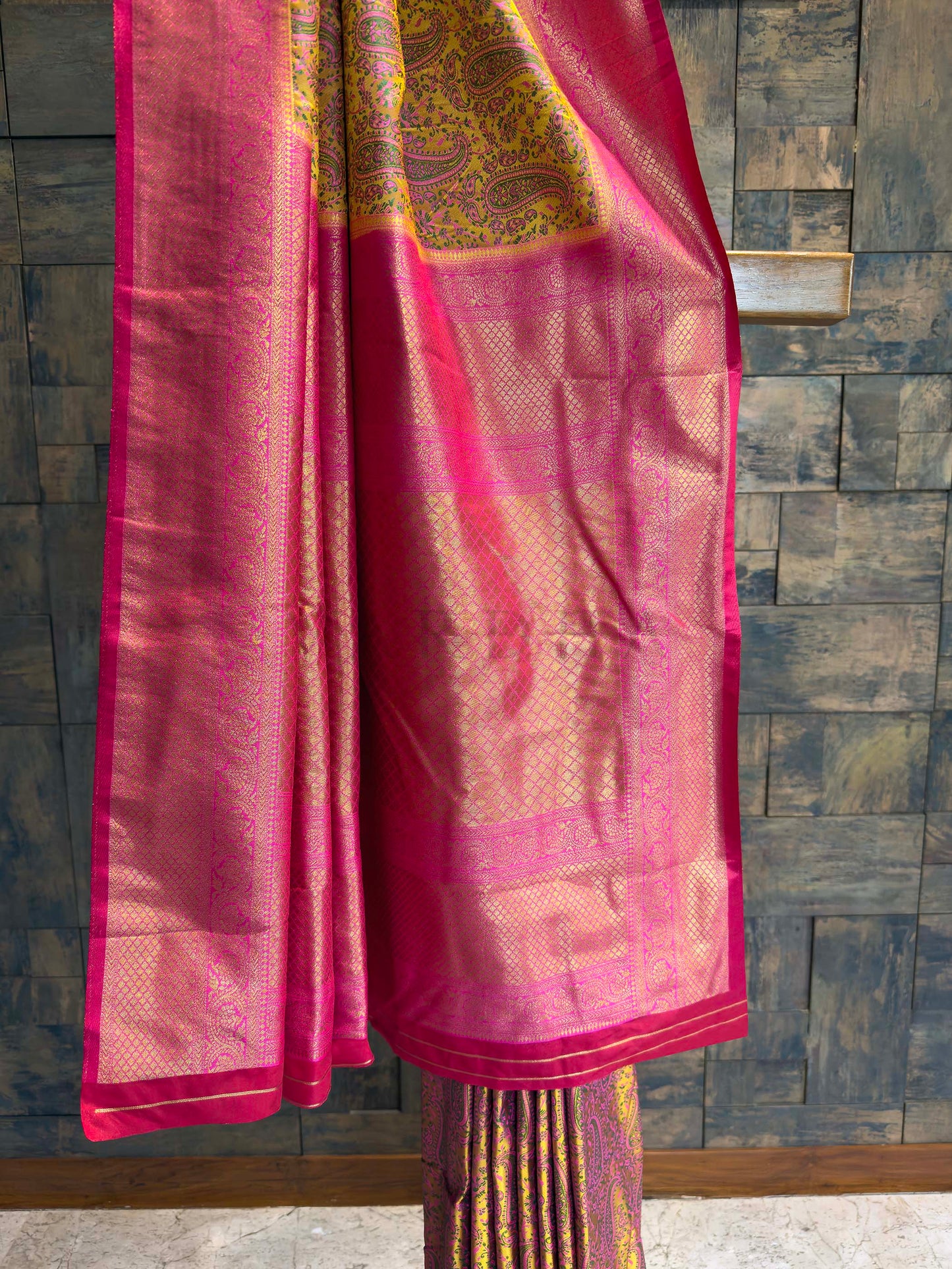 Mustard Yellow-Pink Tanchoi Satin Silk Saree with Zari Border