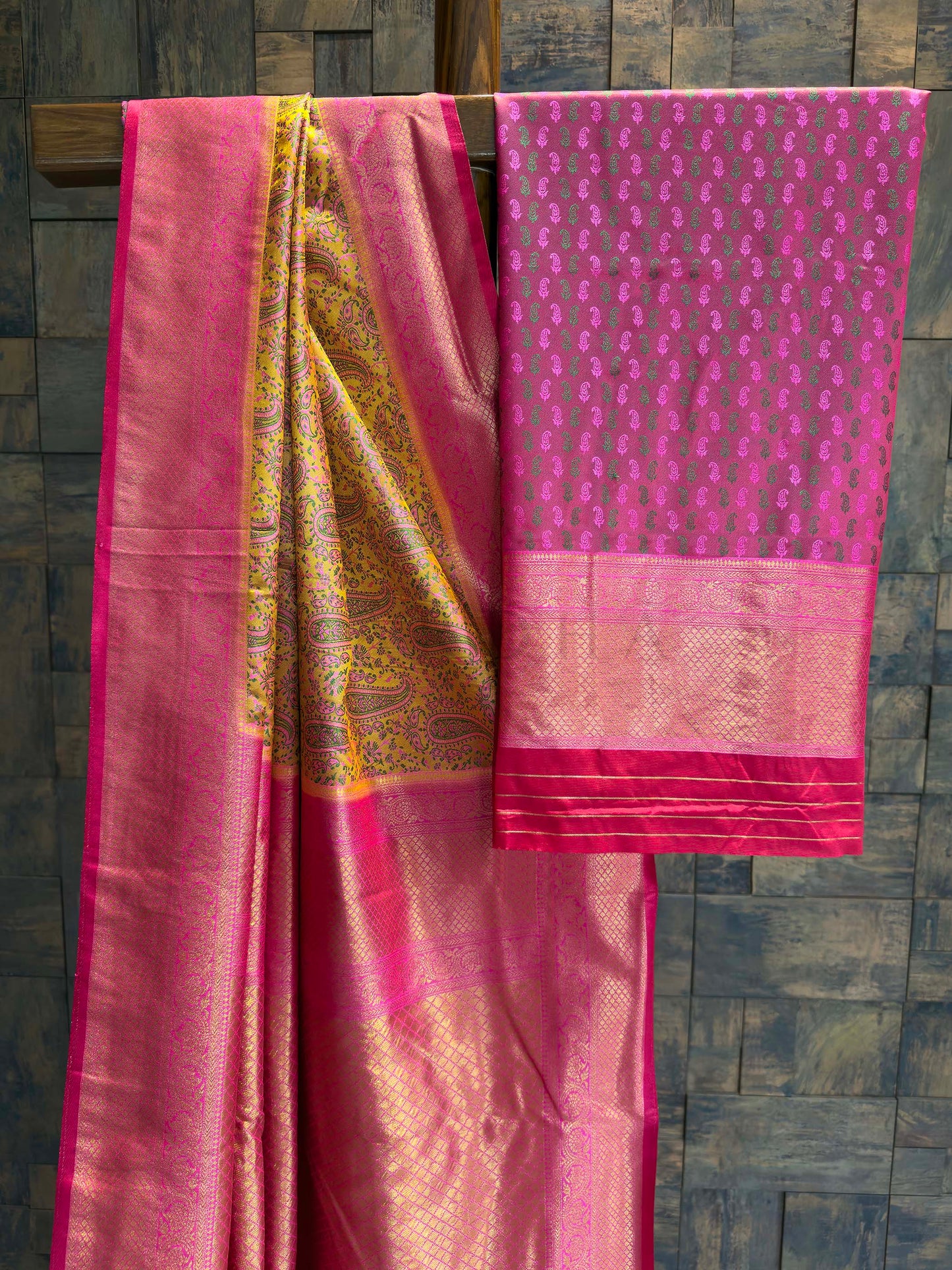 Mustard Yellow-Pink Tanchoi Satin Silk Saree with Zari Border