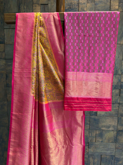 Mustard Yellow-Pink Tanchoi Satin Silk Saree with Zari Border
