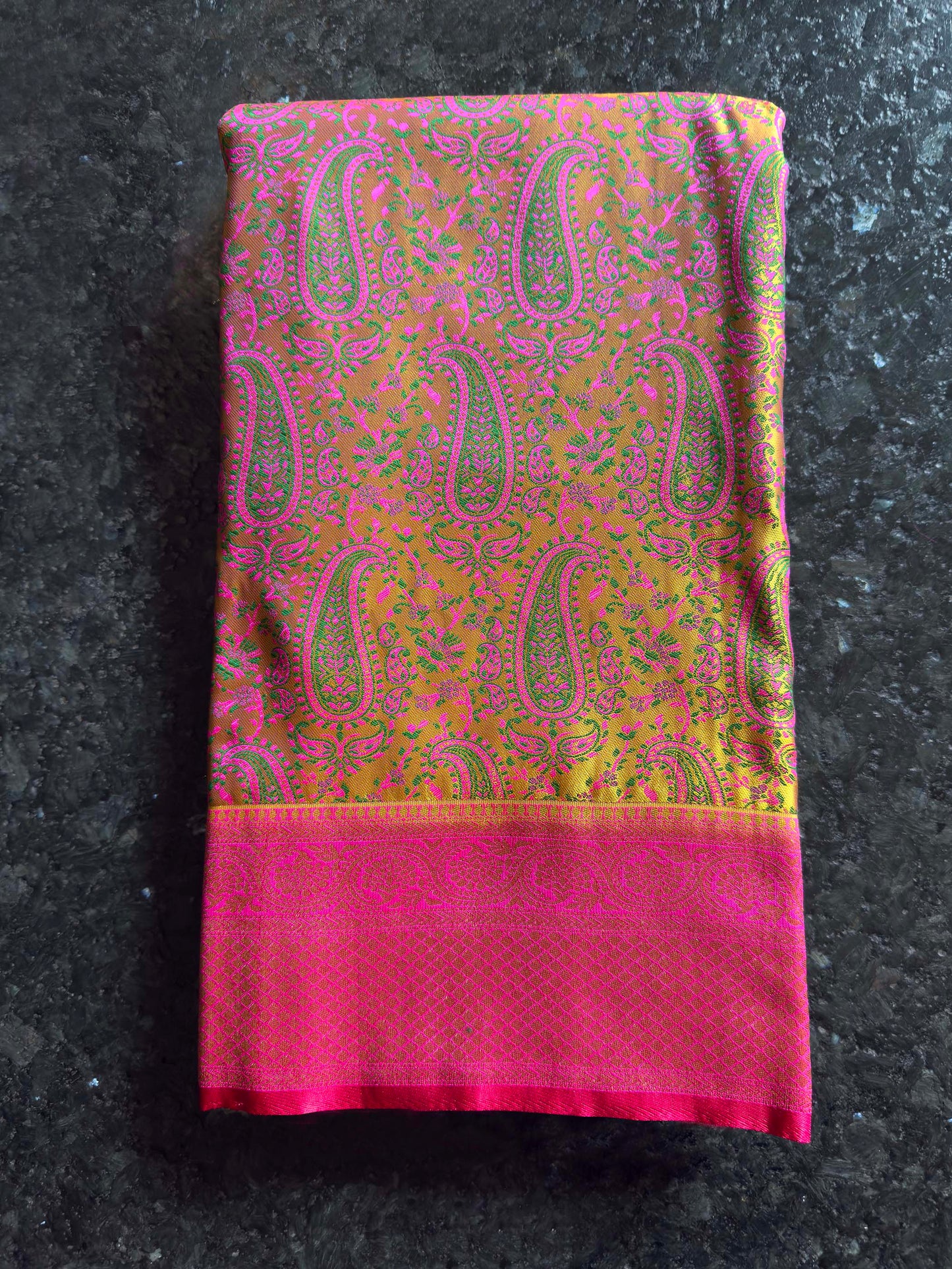 Mustard Yellow-Pink Tanchoi Satin Silk Saree with Zari Border