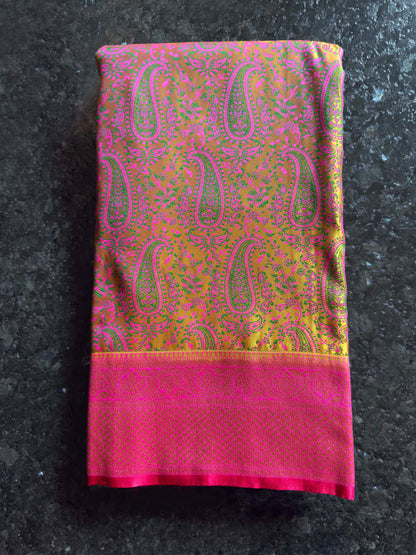 Mustard Yellow-Pink Tanchoi Satin Silk Saree with Zari Border