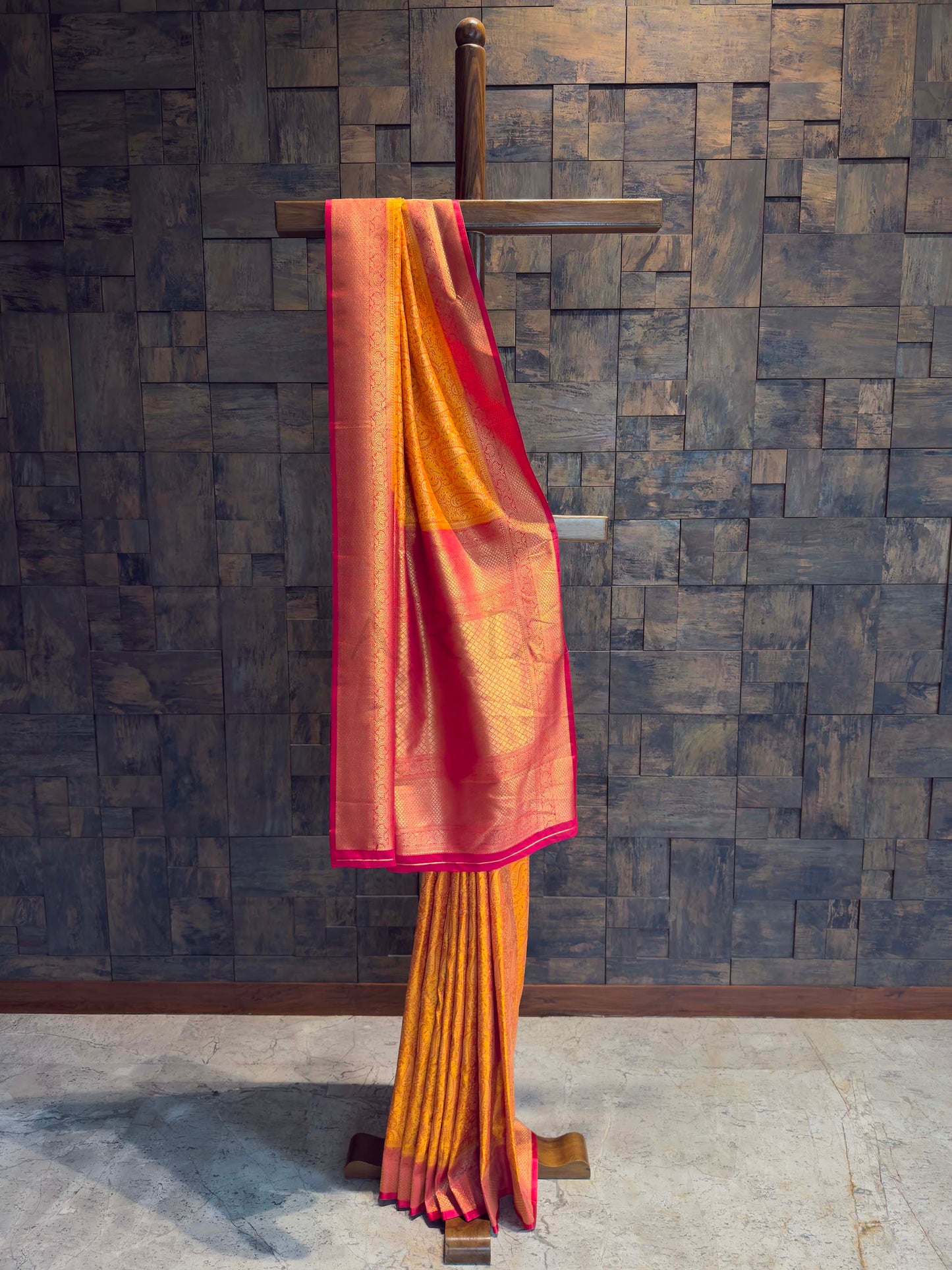 Ochre Yellow-Pink Tanchoi Satin Silk Saree with Zari Work
