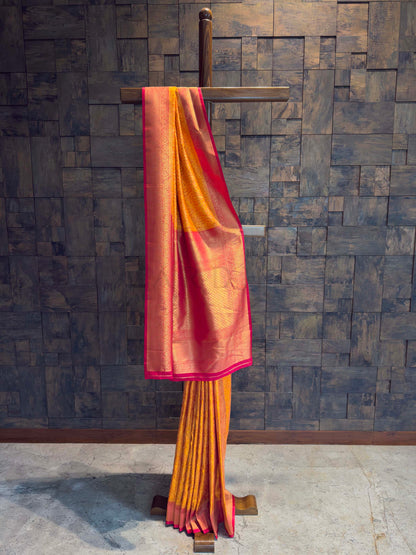 Ochre Yellow-Pink Tanchoi Satin Silk Saree with Zari Work