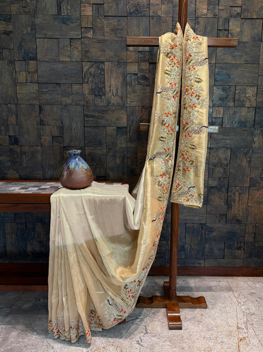 Off White-Gold Tissue Silk Saree with Zari Weaving & Hand Work