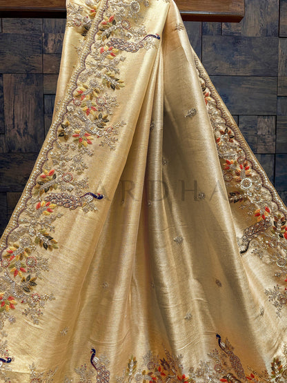 Off White-Gold Tissue Silk Saree with Zari Weaving & Hand Work