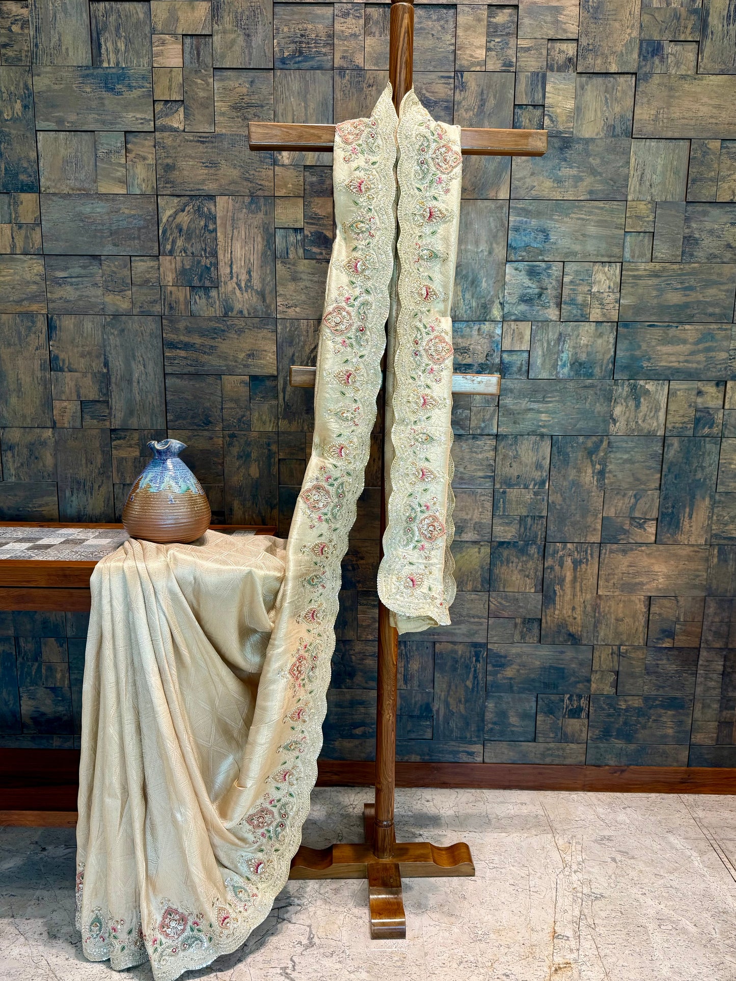 Off White Kanjivaram Tissue Silk Saree with Zari Weaving & Hand Work