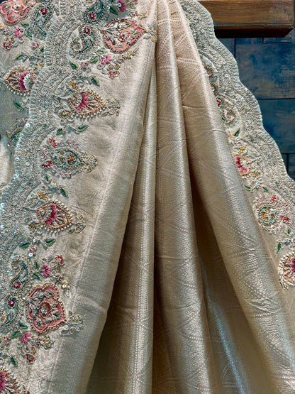 Off White Kanjivaram Tissue Silk Saree with Zari Weaving & Hand Work