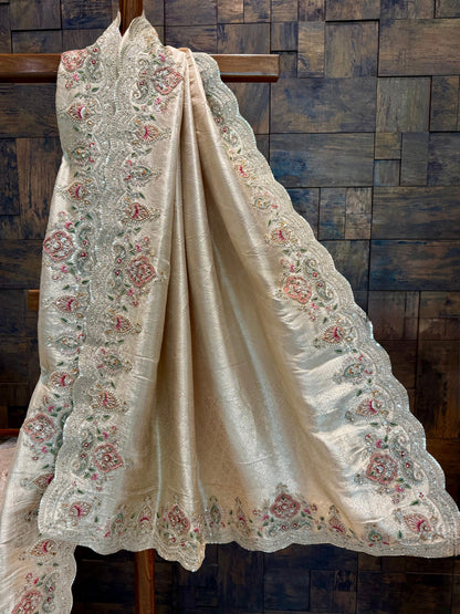 Off White Kanjivaram Tissue Silk Saree with Zari Weaving & Hand Work