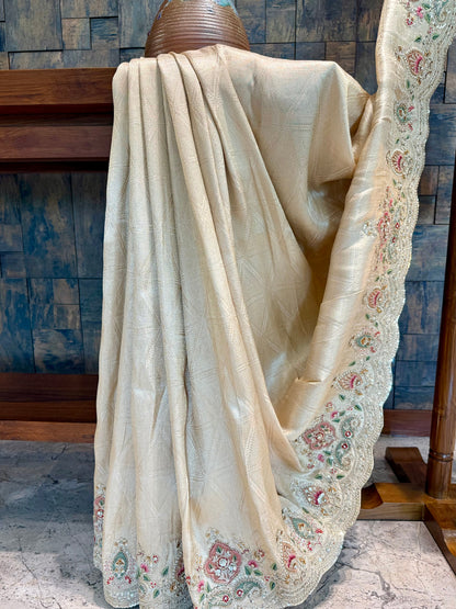 Off White Kanjivaram Tissue Silk Saree with Zari Weaving & Hand Work