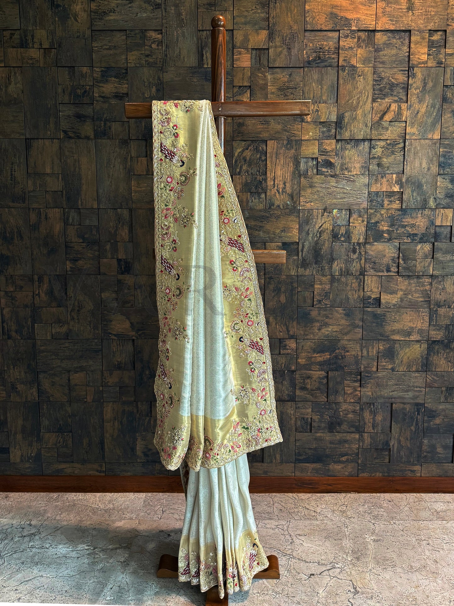 Off White Kanjivaram Tissue Silk Saree with Zari Weaving & Hand Work