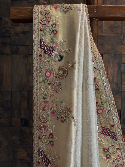 Off White Kanjivaram Tissue Silk Saree with Zari Weaving & Hand Work