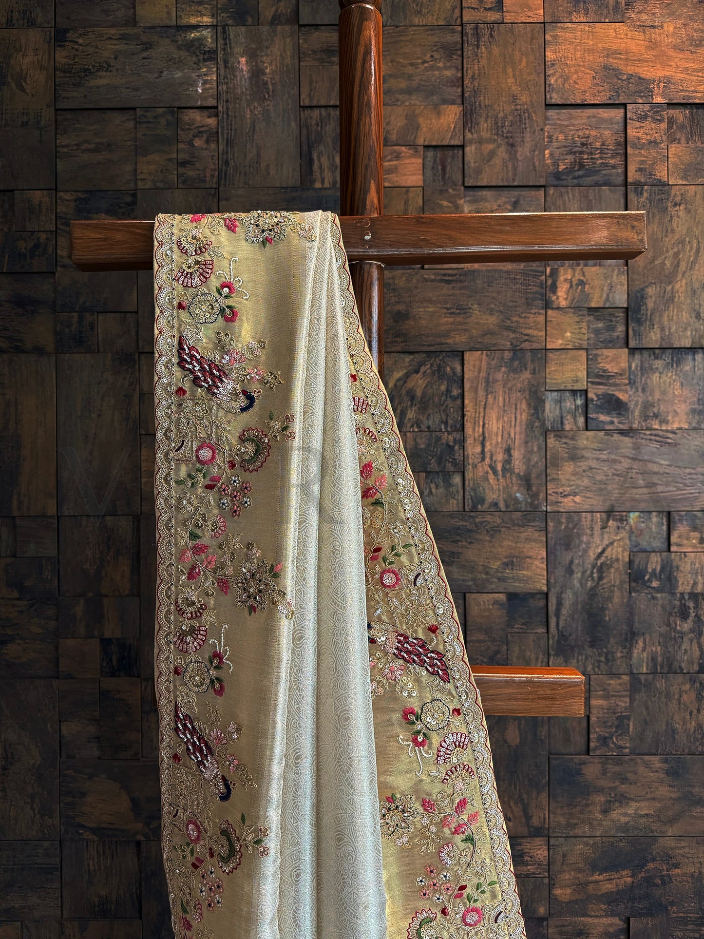 Off White Kanjivaram Tissue Silk Saree with Zari Weaving & Hand Work