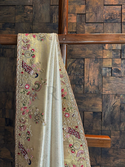 Off White Kanjivaram Tissue Silk Saree with Zari Weaving & Hand Work