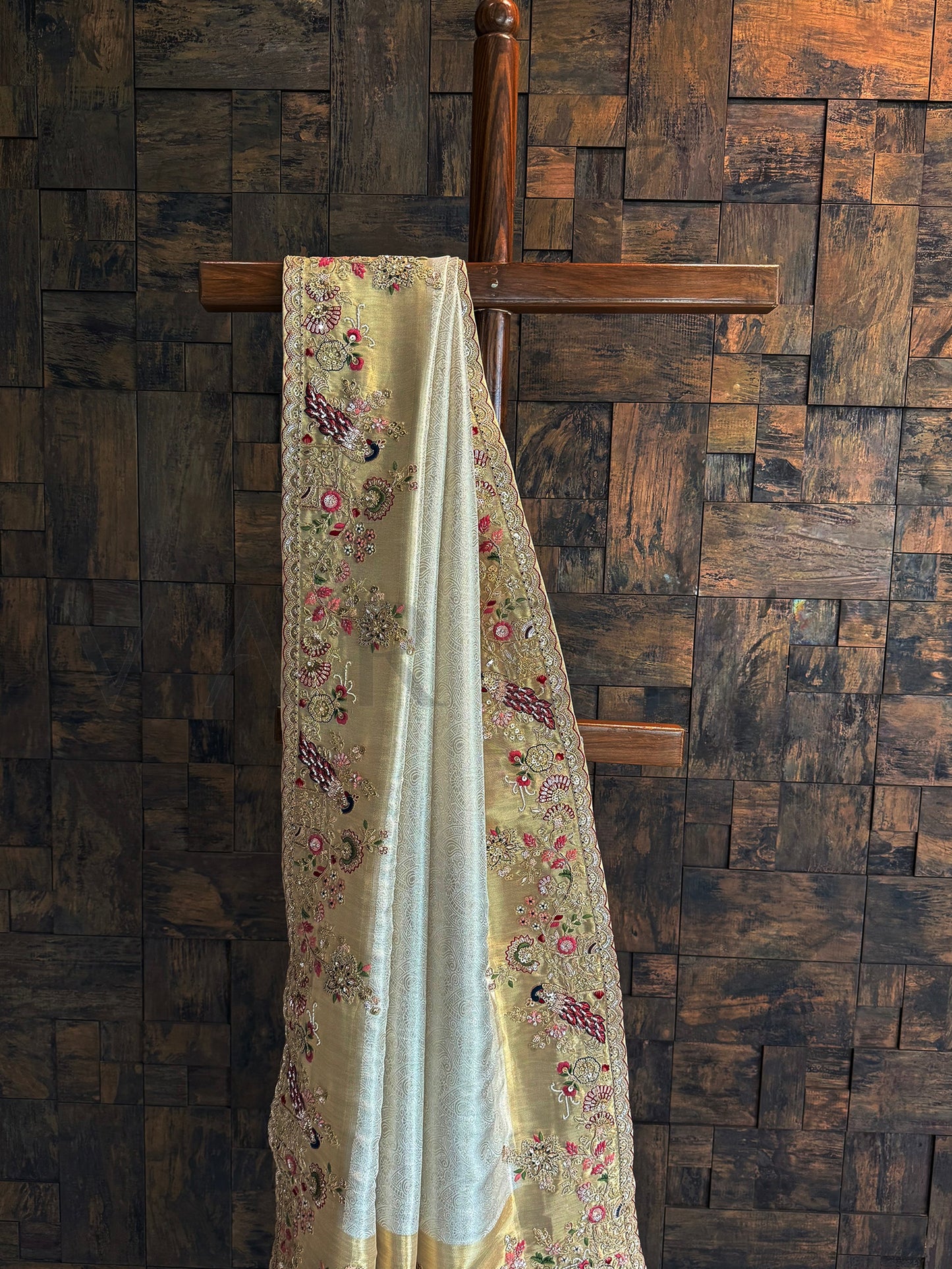 Off White Kanjivaram Tissue Silk Saree with Zari Weaving & Hand Work