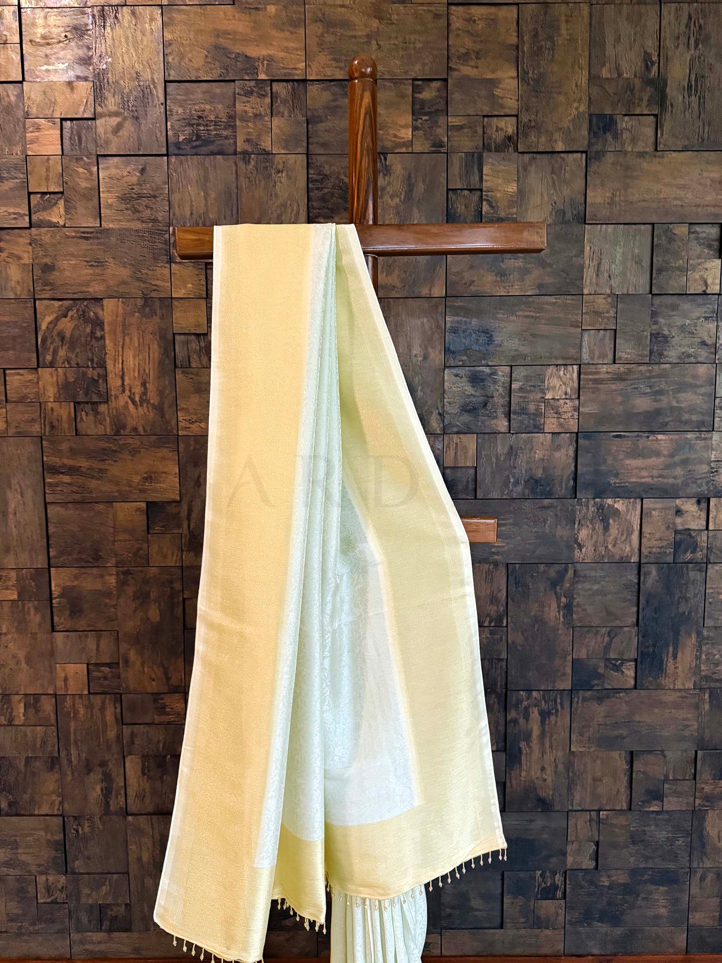Off White Viscose Kanjivaram Tissue Silk Saree with Gold Zari Border