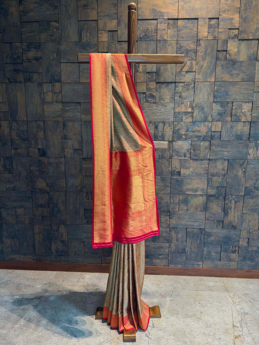 Olive Grey-Red Tanchoi Satin Silk Saree with Zari Work