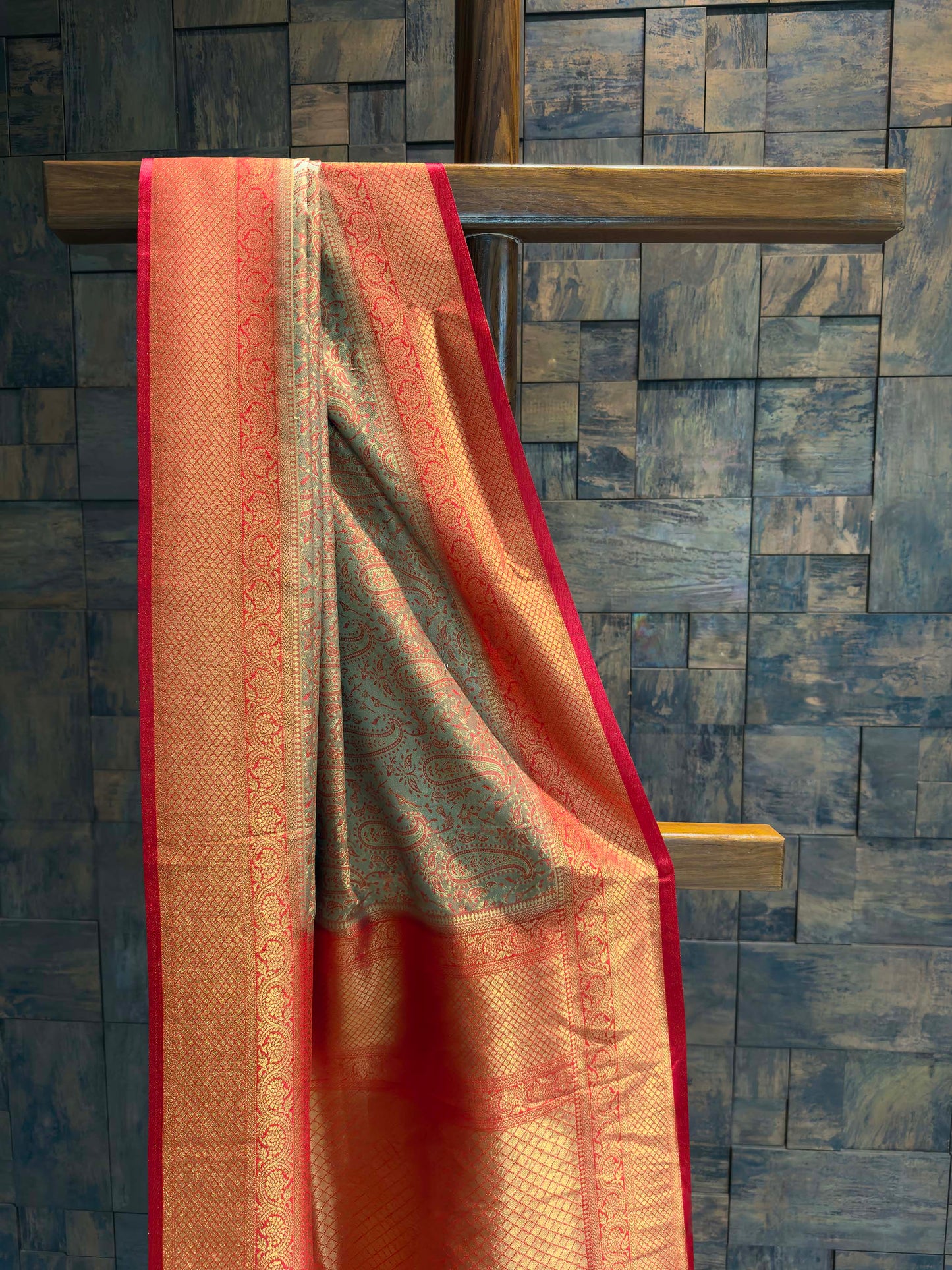 Olive Grey-Red Tanchoi Satin Silk Saree with Zari Work