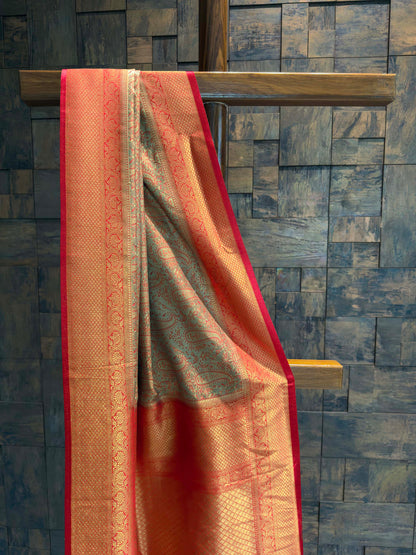 Olive Grey-Red Tanchoi Satin Silk Saree with Zari Work
