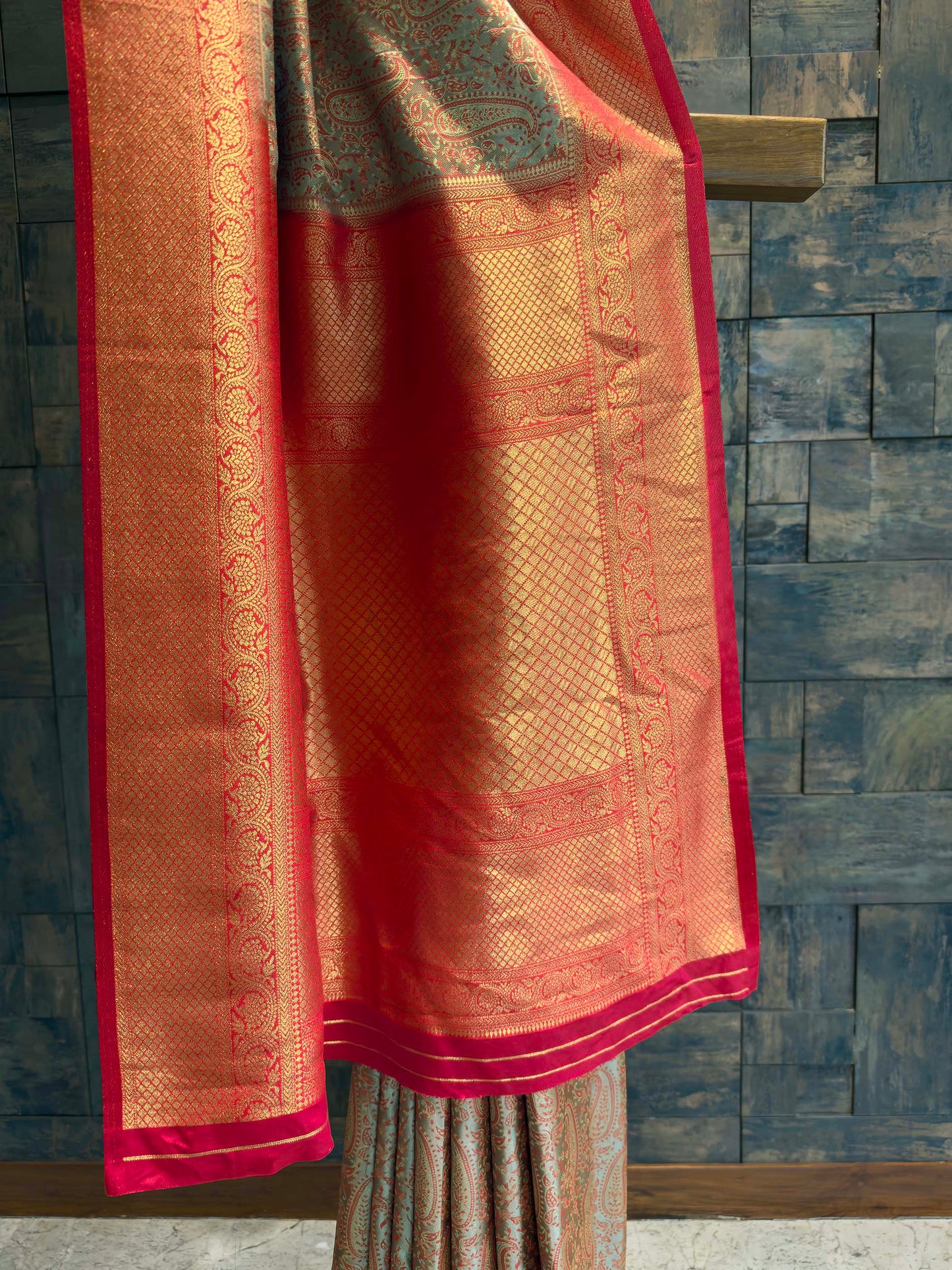 Olive Grey-Red Tanchoi Satin Silk Saree with Zari Work