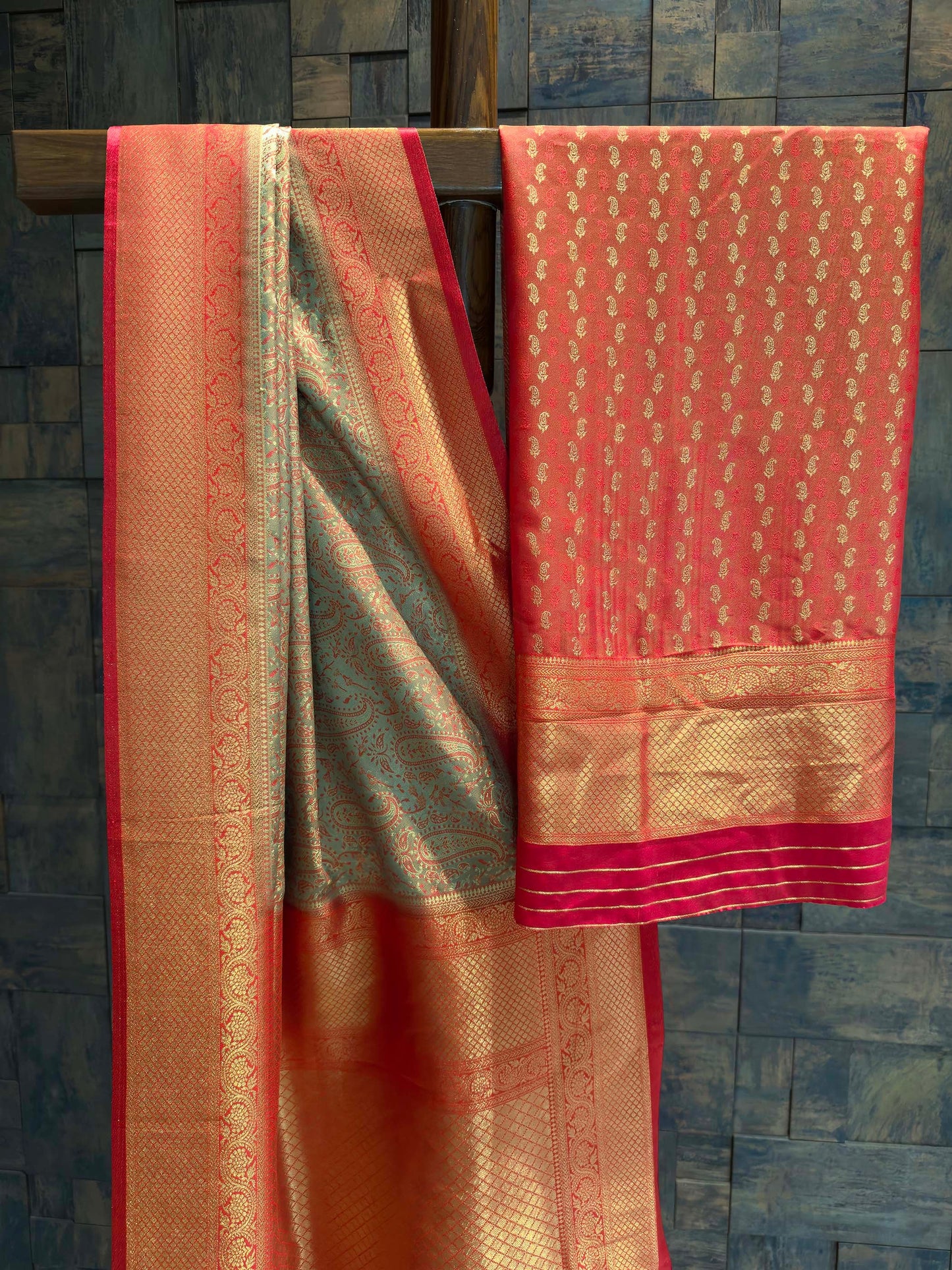 Olive Grey-Red Tanchoi Satin Silk Saree with Zari Work