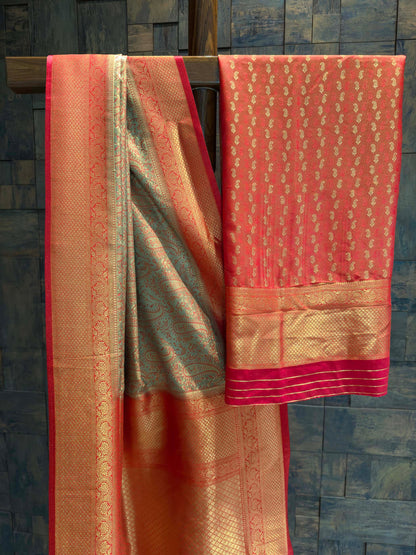 Olive Grey-Red Tanchoi Satin Silk Saree with Zari Work