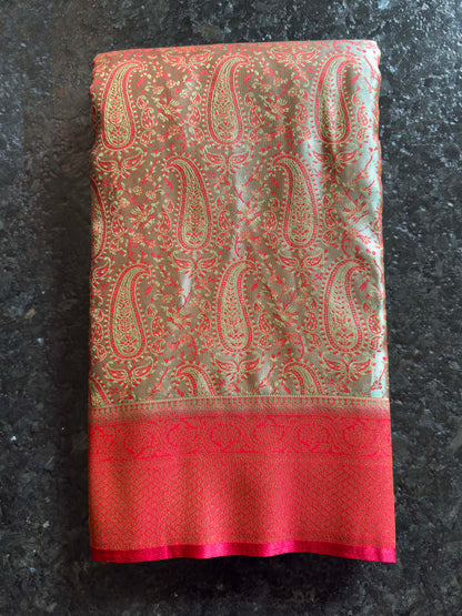 Olive Grey-Red Tanchoi Satin Silk Saree with Zari Work