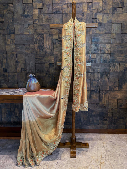 Peach-Pink Tissue Silk Saree with Zari Weaving & Hand Work