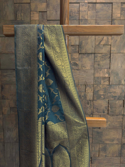Peacock Blue Golden Zari Banarasi Satin Silk Saree