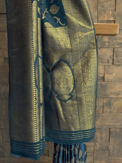 Peacock Blue Golden Zari Banarasi Satin Silk Saree