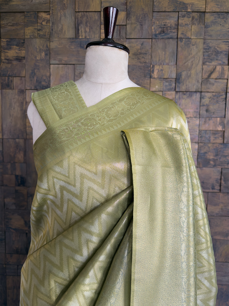 Pista Green Kanjivaram Tissue Silk Saree with Gold Zari Weave