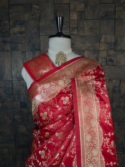 Red Banarasi Satin Silk Saree with Gold Zari
