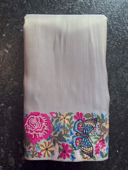 Lavender Grey Tissue Kanjivaram Silk Saree with Parsi Gara Embroidery