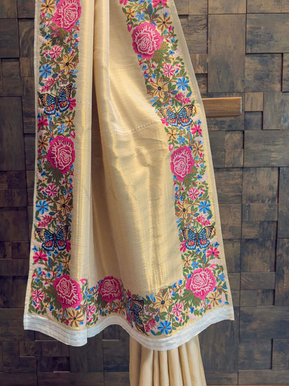 Cream Tissue Kanjivaram Silk Saree with Parsi Gara Embroidery