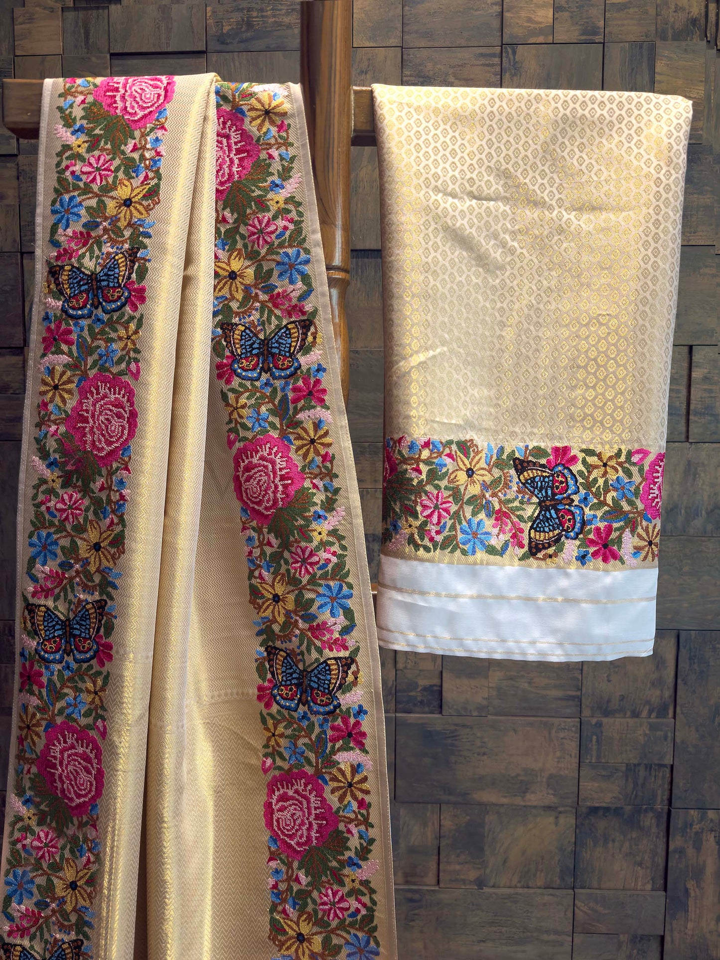 Cream Tissue Kanjivaram Silk Saree with Parsi Gara Embroidery