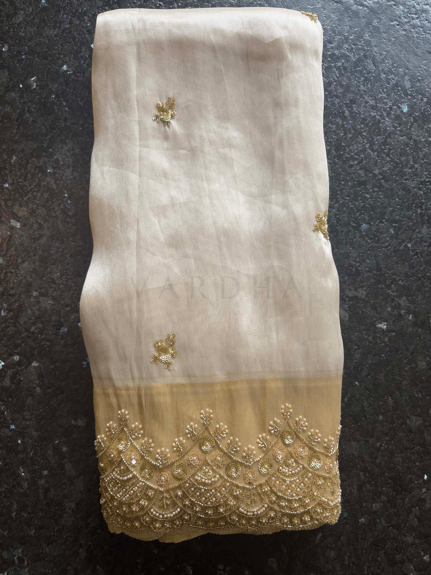 White Tissue Silk Saree with Heavy Hand Zardozi & Pearl Work