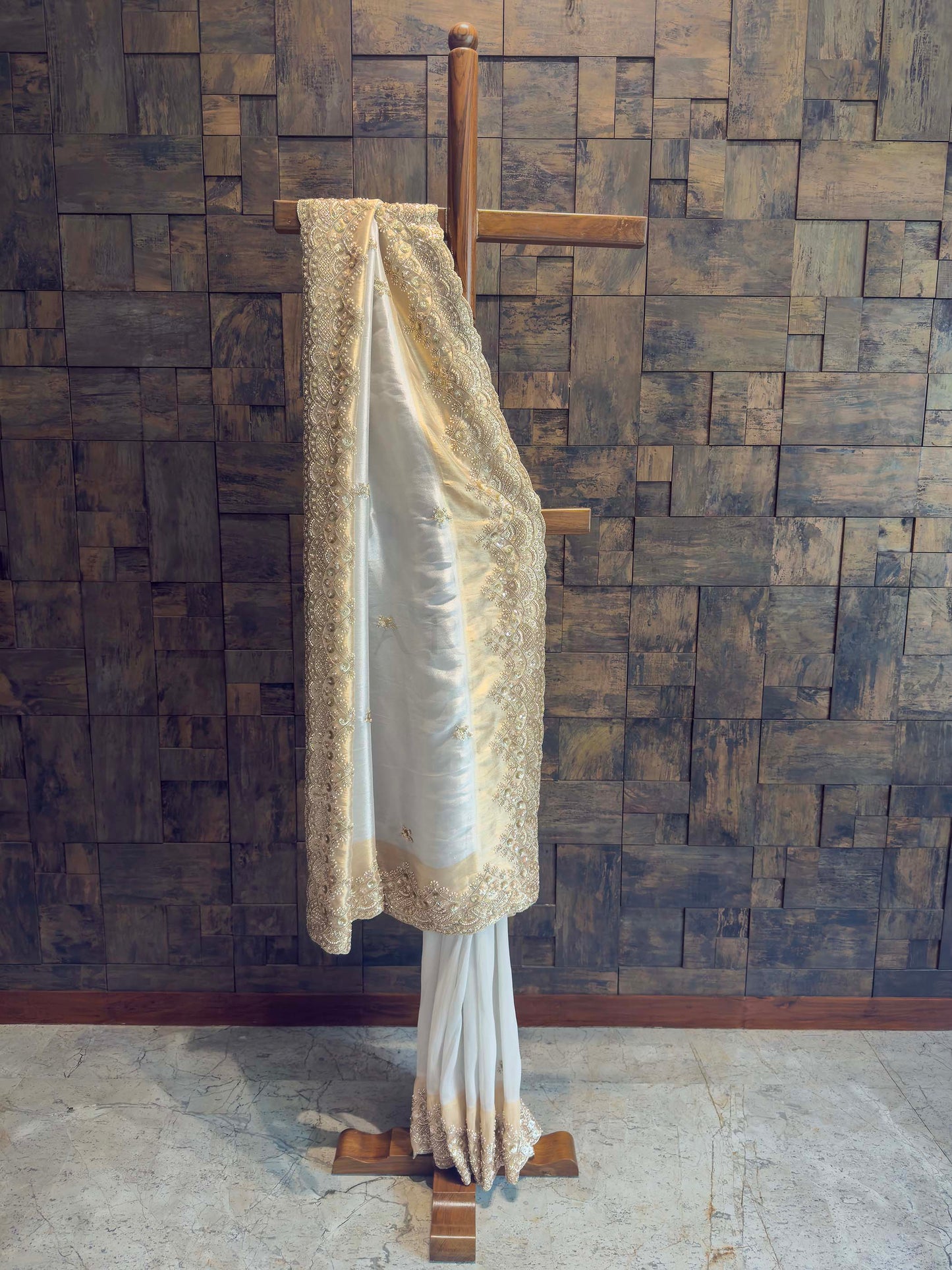 White Tissue Silk Saree with Heavy Hand Zardozi & Pearl Work